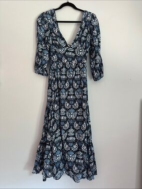 Caroline Constas Blue and White Patterned V-Neck Maxi Dress